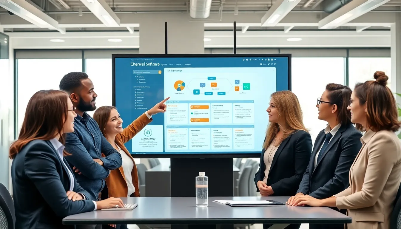 diverse team discussing Cherwell Software in a modern office.