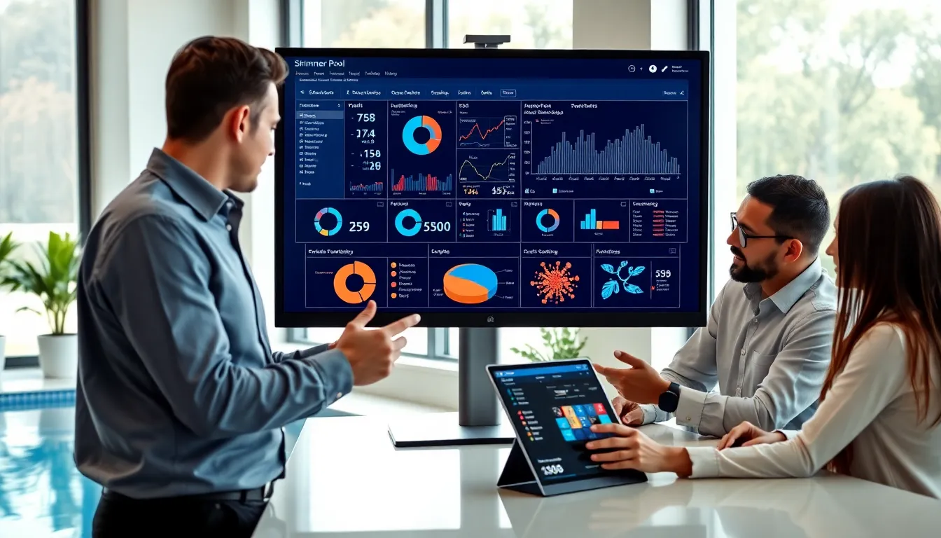 professionals discussing skimmer pool software in a modern office.