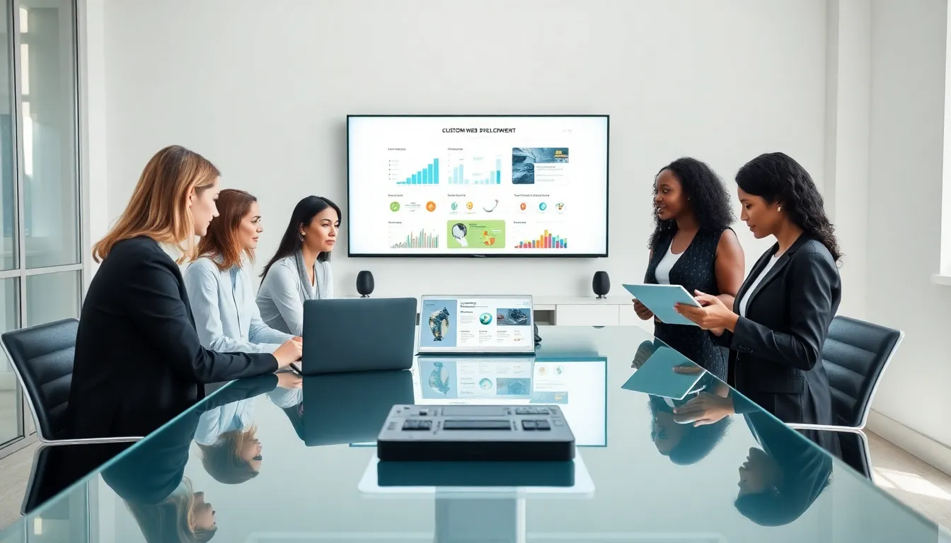 diverse team collaborating on custom web development solutions in a modern office.