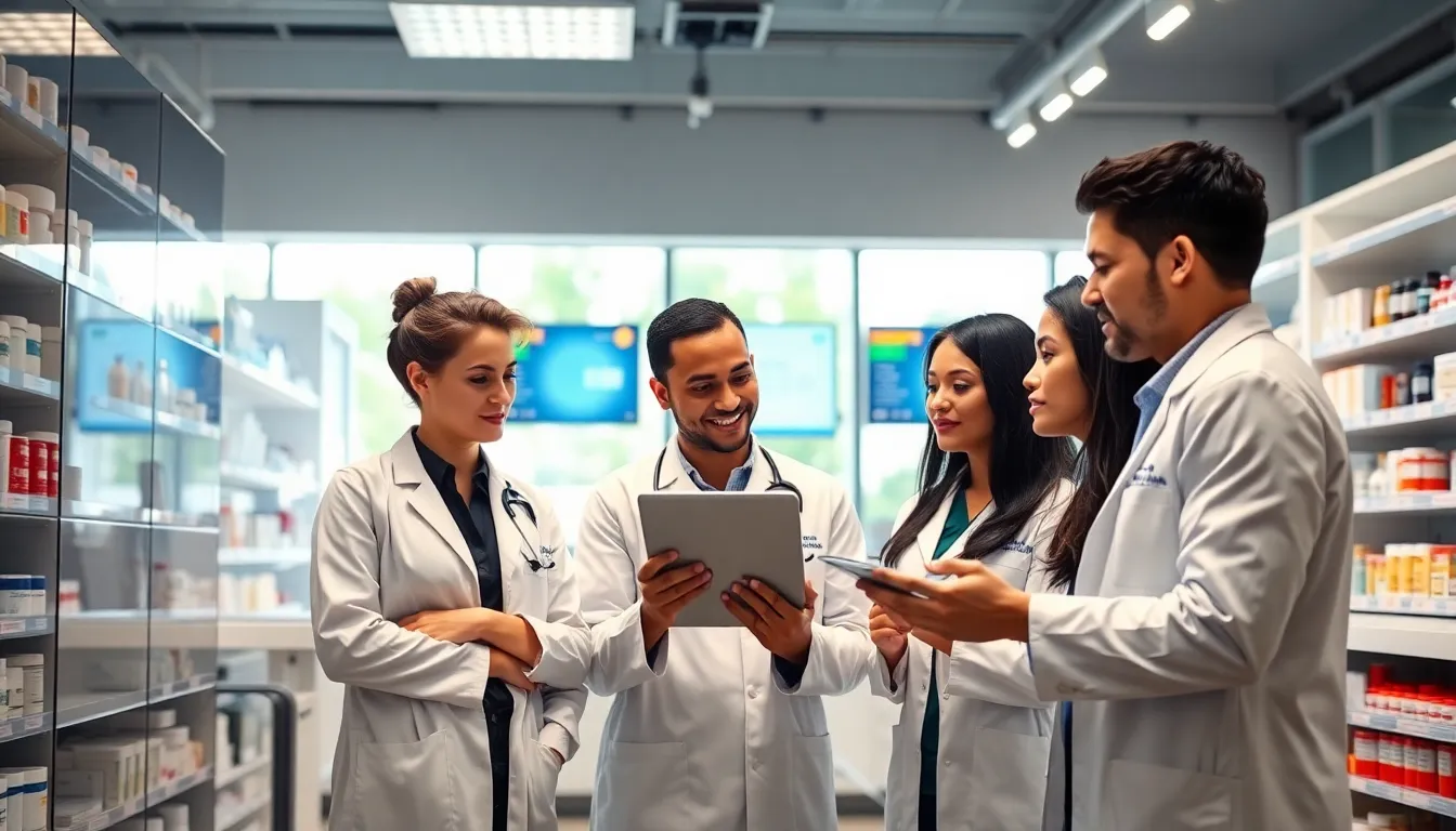 pharmacists discussing inventory management in a modern pharmacy.