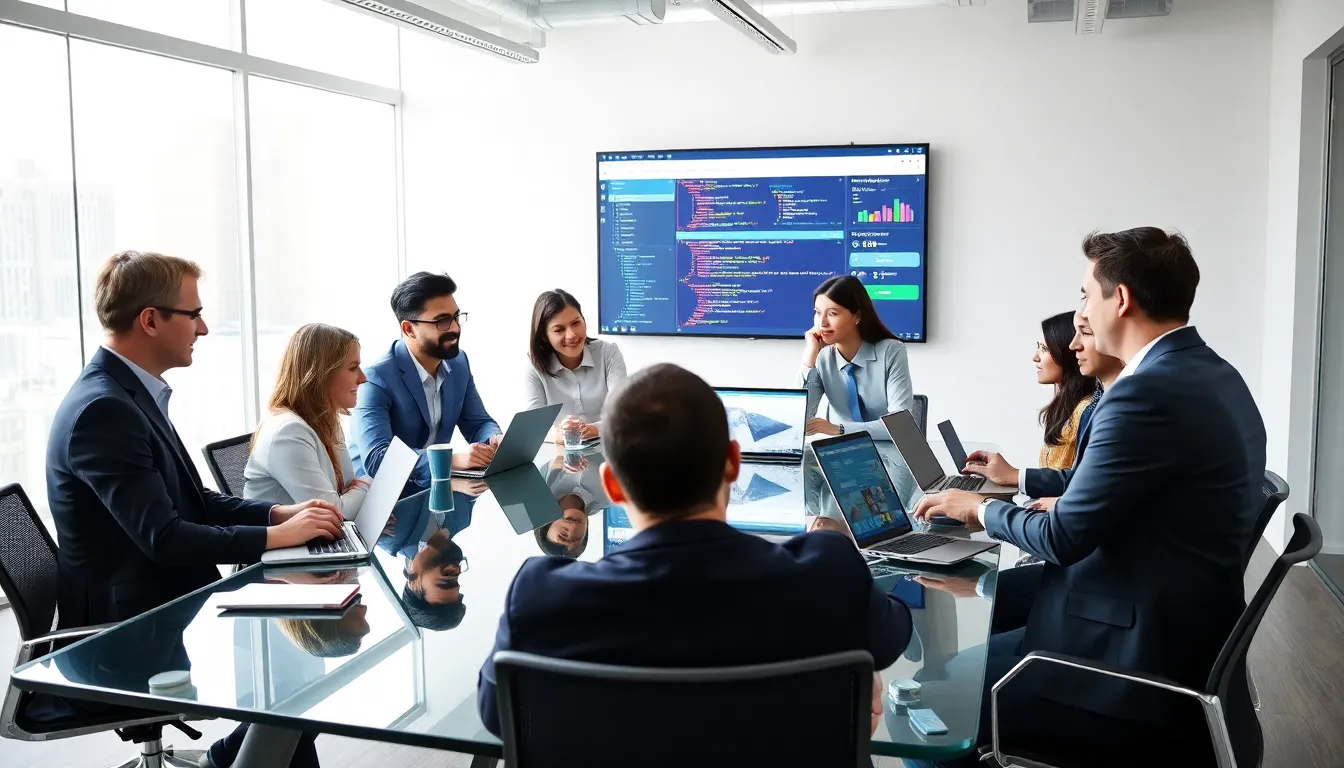 diverse team collaborating on web application development in a modern office.